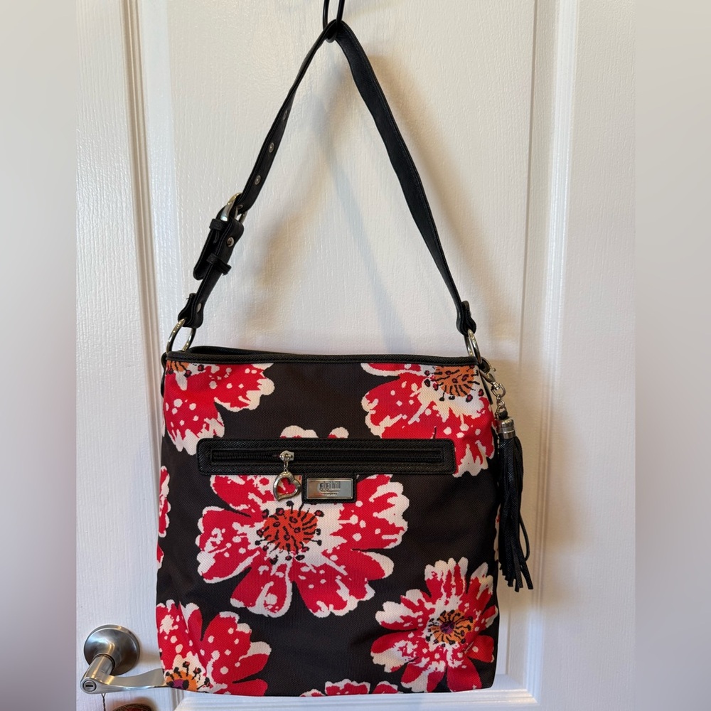 Gigi Hill Floral Shoulder Bag Black Red Canvas Large Tote Purse